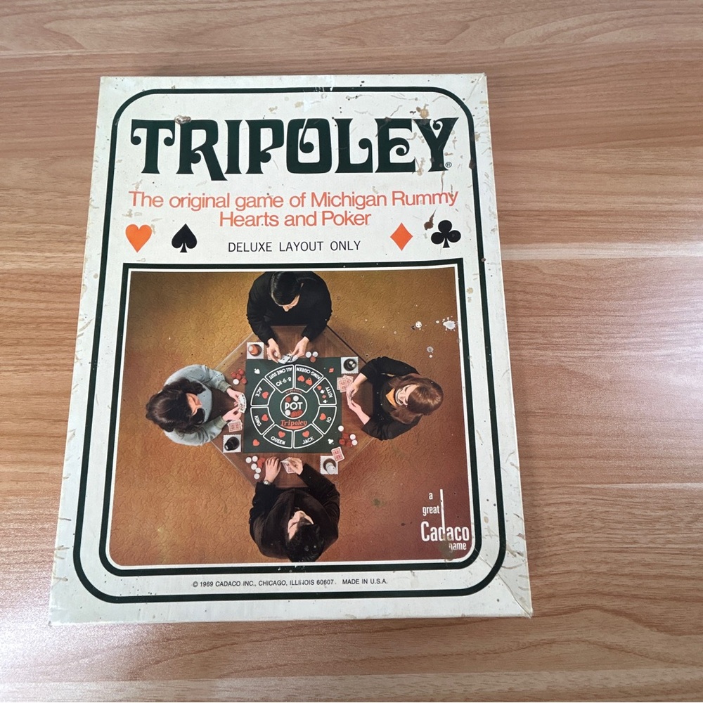 1969 Cadaco Tripoley 26" x 27" Vinyl Game Mat With Box Michigan Rummy